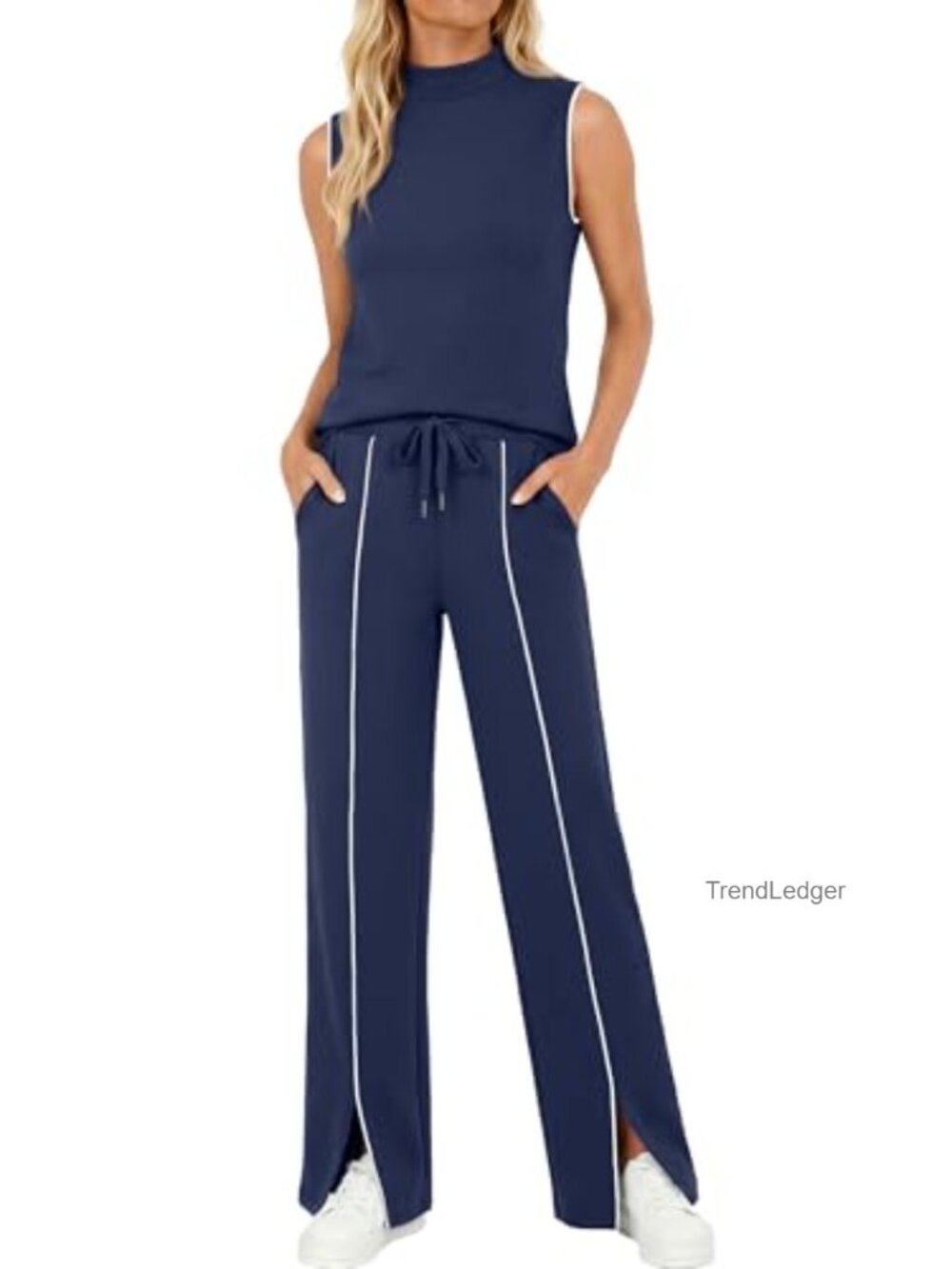 Women's 2 Piece Lounge Set, Sleeveless Mock Neck Tank & Wide Leg Pants with